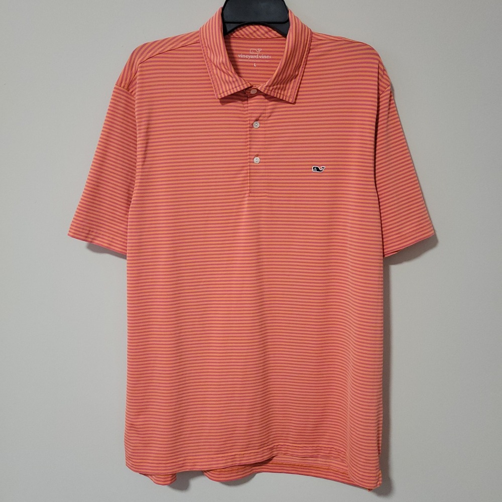 Vineyard Vines Performance Polo Shirt Mens L Orange Pink Striped Stretch